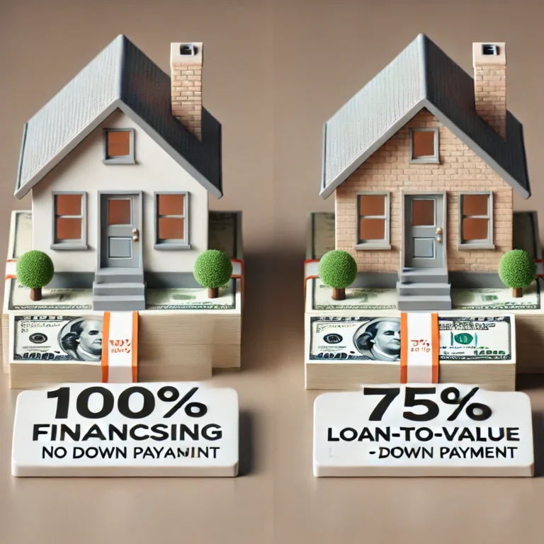 A split screen image comparing two real estate financing scenarios. On the left: 100% Financing with a visual of a house one-half of a stack of money beside it (representing no down payment). On the right: 75% LTV with a house and a full stack of cash beside it, representing the required down payment.